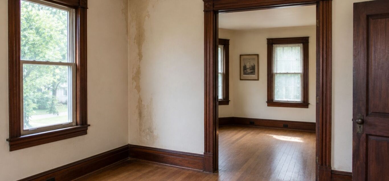 Older home interior in Salem, OR, with original wood trim, hardwood floors, and visible wall staining from water damage.
