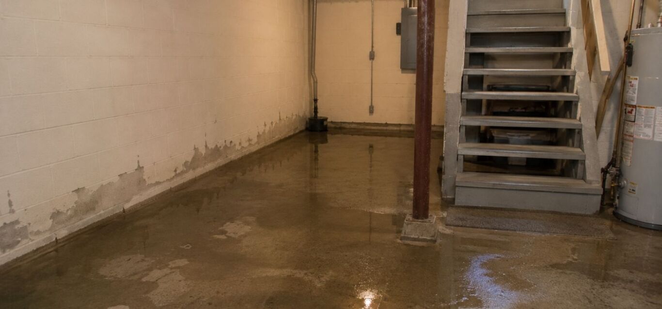 Basement with minor flooding and damp walls showing the need for water damage restoration in Clackamas County, OR.